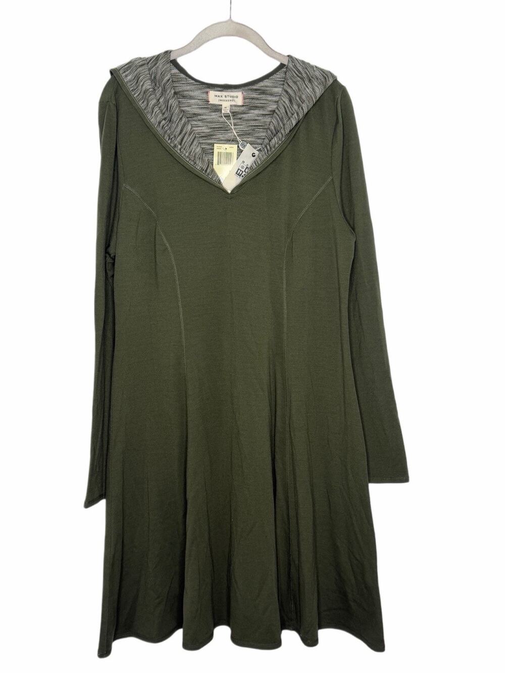 NWT Max Studio Olive Green Terry Long Sleeve V Neck Hooded Swing Dress SZ XL